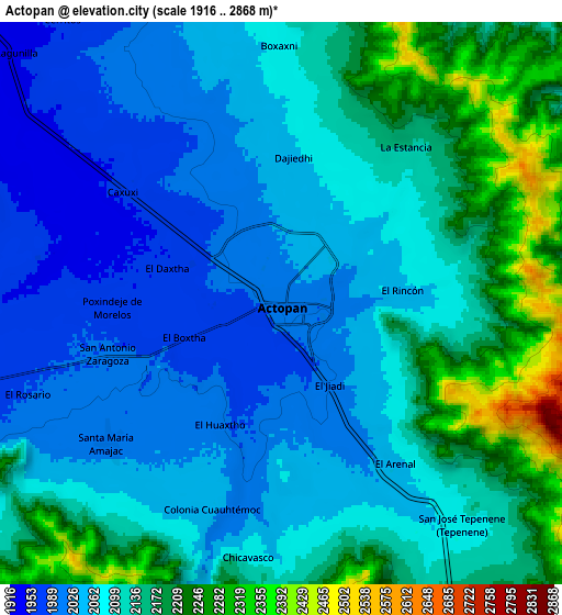 Zoom OUT 2x Actopan, Mexico elevation map