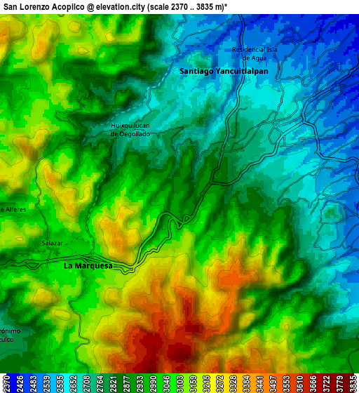 Zoom OUT 2x San Lorenzo Acopilco, Mexico elevation map