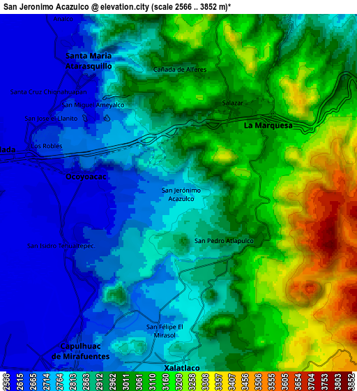 Zoom OUT 2x San Jerónimo Acazulco, Mexico elevation map