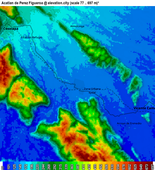 Zoom OUT 2x Acatlán de Pérez Figueroa, Mexico elevation map