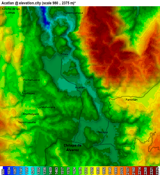 Zoom OUT 2x Acatlán, Mexico elevation map