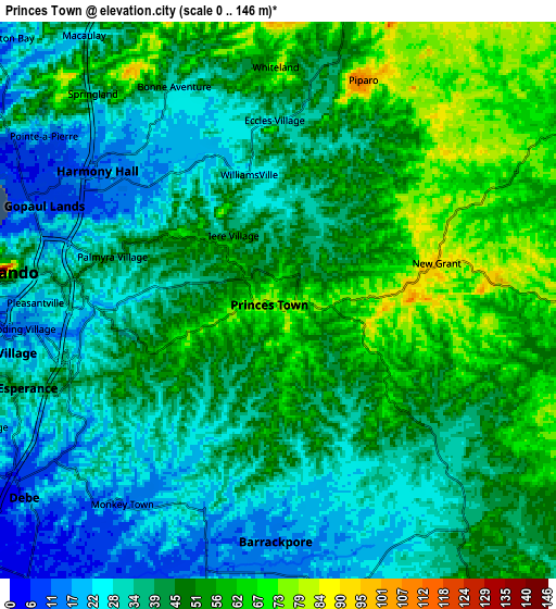 Zoom OUT 2x Princes Town, Trinidad and Tobago elevation map