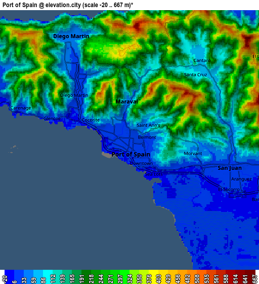 Zoom OUT 2x Port of Spain, Trinidad and Tobago elevation map