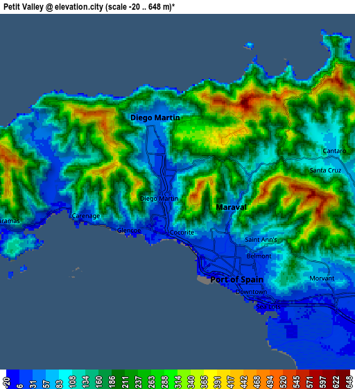 Zoom OUT 2x Petit Valley, Trinidad and Tobago elevation map