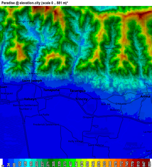 Zoom OUT 2x Paradise, Trinidad and Tobago elevation map