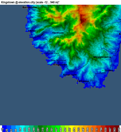 Zoom OUT 2x Kingstown, Saint Vincent and the Grenadines elevation map