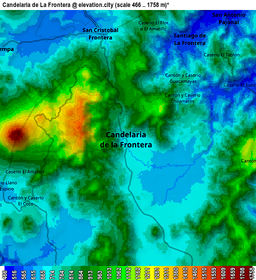 Zoom OUT 2x Candelaria de La Frontera, El Salvador elevation map