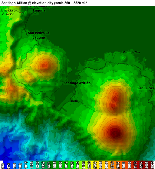 Zoom OUT 2x Santiago Atitlán, Guatemala elevation map