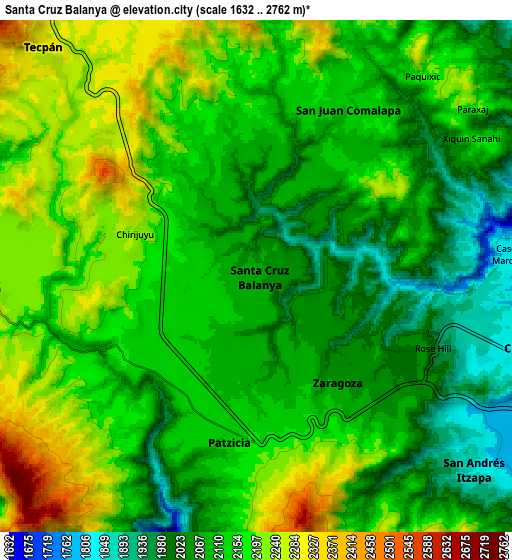 Zoom OUT 2x Santa Cruz Balanyá, Guatemala elevation map