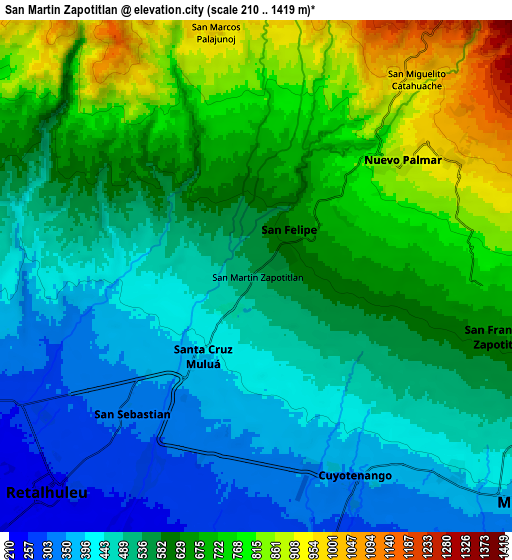 Zoom OUT 2x San Martín Zapotitlán, Guatemala elevation map