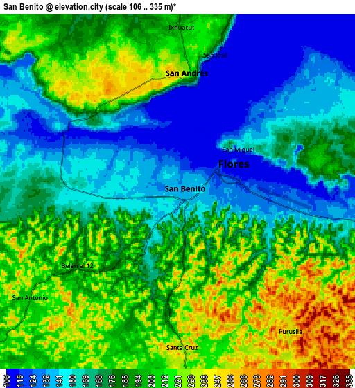 Zoom OUT 2x San Benito, Guatemala elevation map