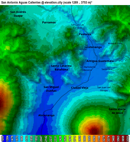 Zoom OUT 2x San Antonio Aguas Calientes, Guatemala elevation map