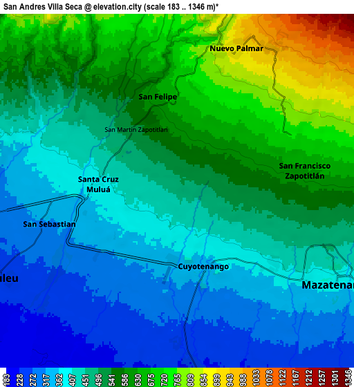 Zoom OUT 2x San Andrés Villa Seca, Guatemala elevation map