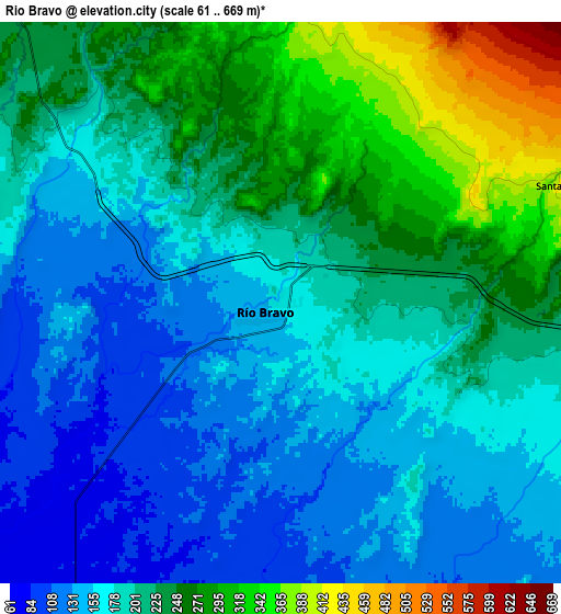 Zoom OUT 2x Río Bravo, Guatemala elevation map