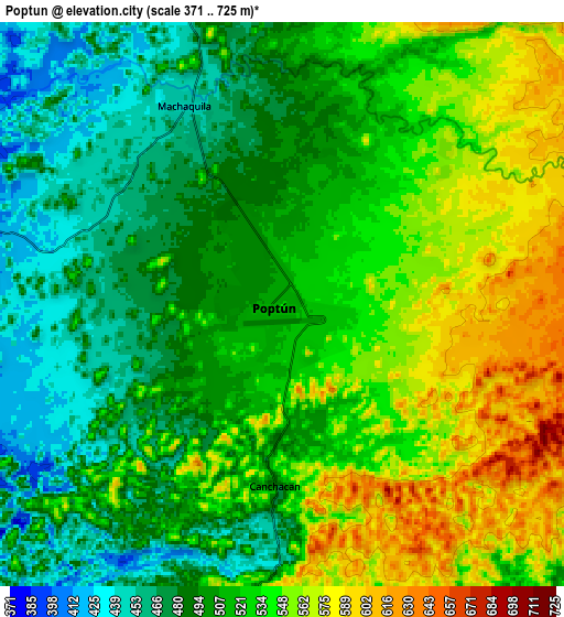 Zoom OUT 2x Poptún, Guatemala elevation map