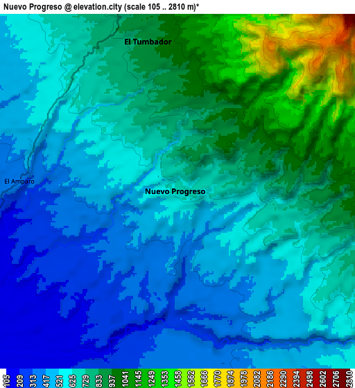 Zoom OUT 2x Nuevo Progreso, Guatemala elevation map