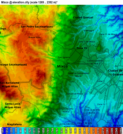Zoom OUT 2x Mixco, Guatemala elevation map