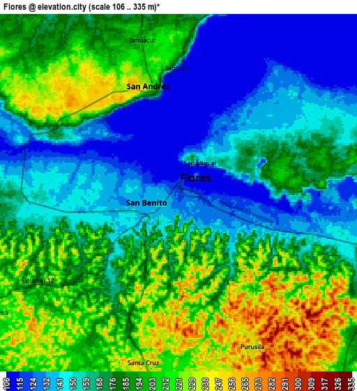 Zoom OUT 2x Flores, Guatemala elevation map