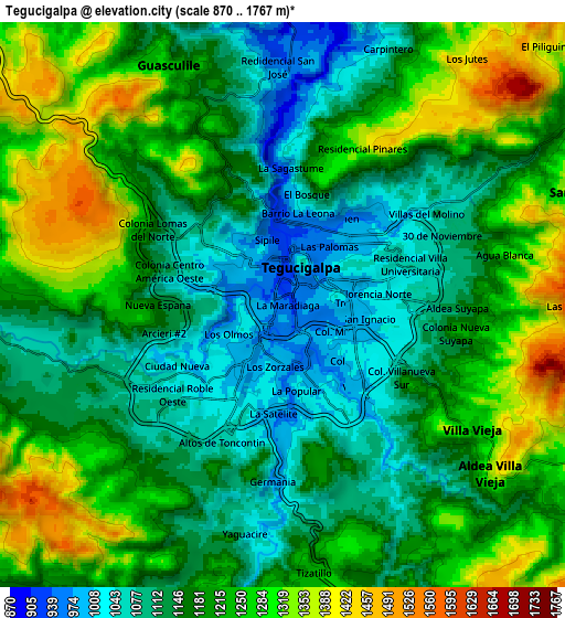 Zoom OUT 2x Tegucigalpa, Honduras elevation map