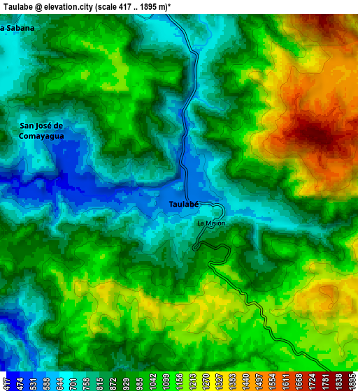 Zoom OUT 2x Taulabé, Honduras elevation map
