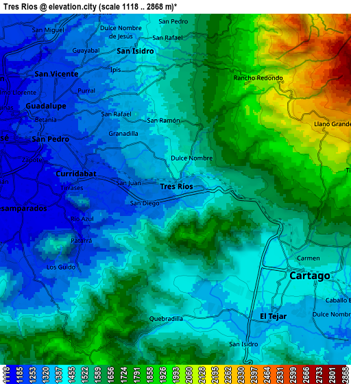 Zoom OUT 2x Tres Ríos, Costa Rica elevation map