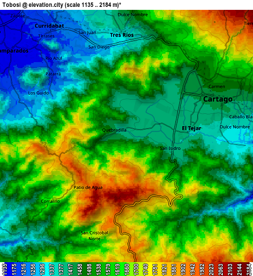 Zoom OUT 2x Tobosi, Costa Rica elevation map