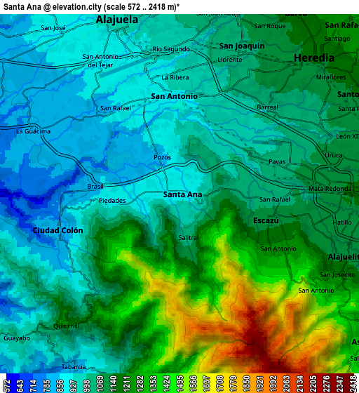 Zoom OUT 2x Santa Ana, Costa Rica elevation map