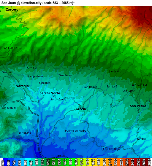 Zoom OUT 2x San Juan, Costa Rica elevation map