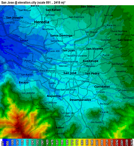 Zoom OUT 2x San José, Costa Rica elevation map