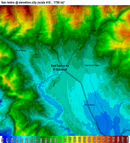 Zoom OUT 2x San Isidro, Costa Rica elevation map