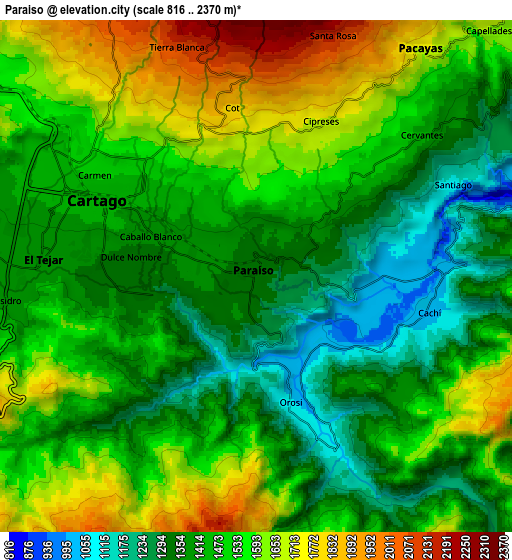 Zoom OUT 2x Paraíso, Costa Rica elevation map