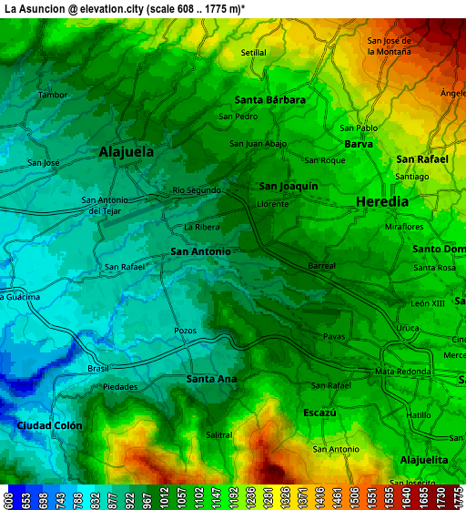 Zoom OUT 2x La Asunción, Costa Rica elevation map