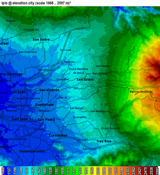 Zoom OUT 2x Ipís, Costa Rica elevation map