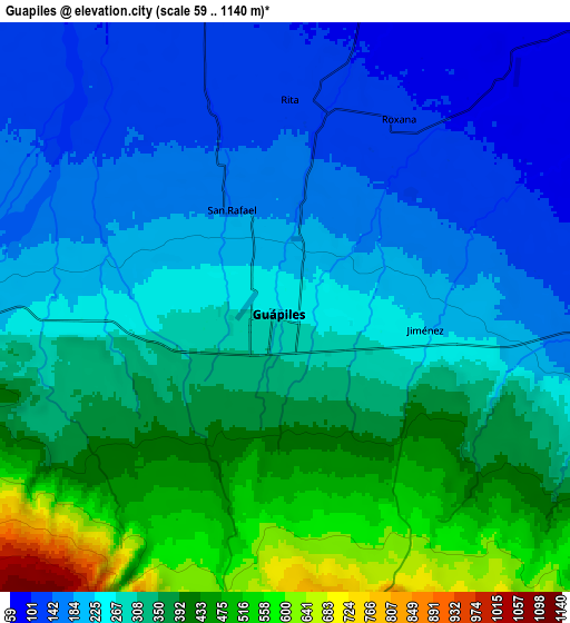 Zoom OUT 2x Guápiles, Costa Rica elevation map