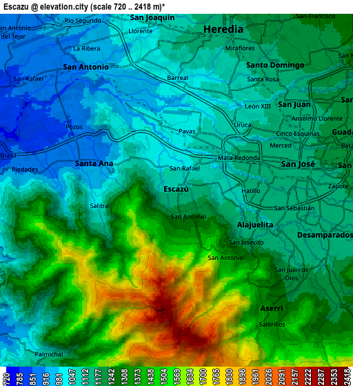 Zoom OUT 2x Escazú, Costa Rica elevation map