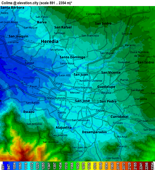 Zoom OUT 2x Colima, Costa Rica elevation map