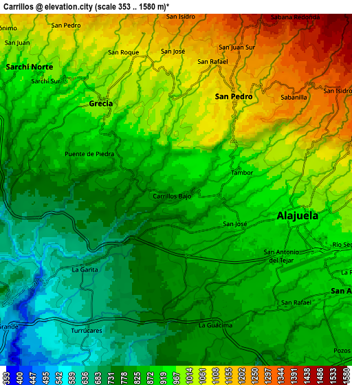 Zoom OUT 2x Carrillos, Costa Rica elevation map
