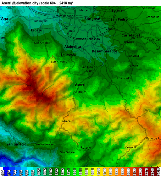Zoom OUT 2x Aserrí, Costa Rica elevation map