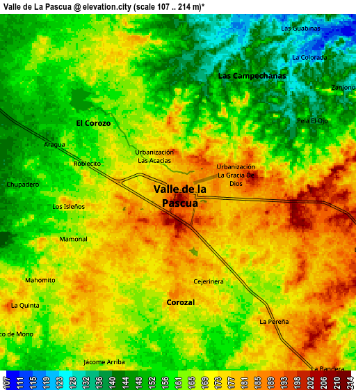 Zoom OUT 2x Valle de La Pascua, Venezuela elevation map