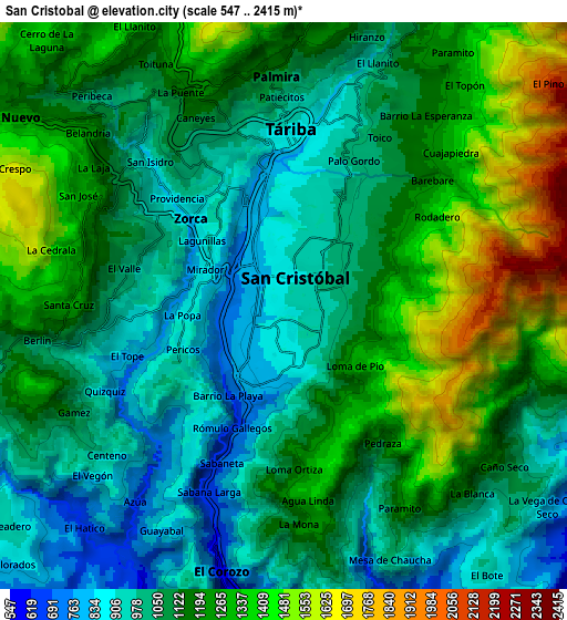 Zoom OUT 2x San Cristóbal, Venezuela elevation map