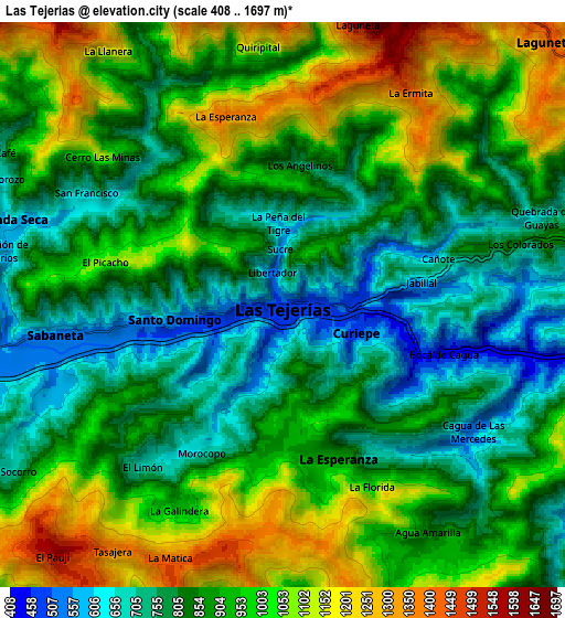 Zoom OUT 2x Las Tejerías, Venezuela elevation map