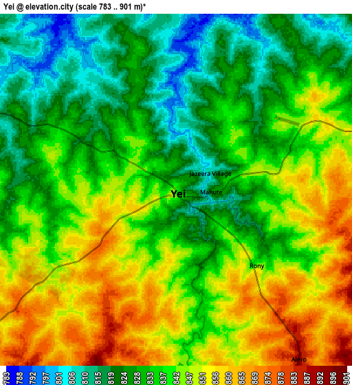 Zoom OUT 2x Yei, South Sudan elevation map