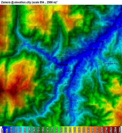 Zoom OUT 2x Zamora, Ecuador elevation map