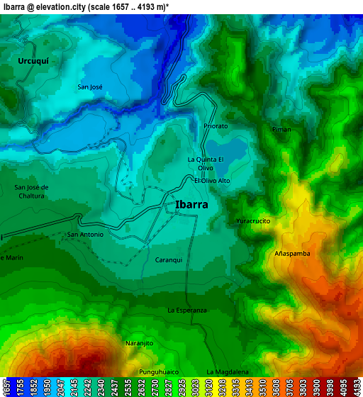 Zoom OUT 2x Ibarra, Ecuador elevation map