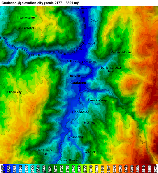 Zoom OUT 2x Gualaceo, Ecuador elevation map