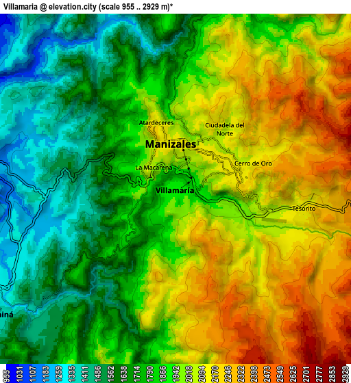 Zoom OUT 2x Villamaría, Colombia elevation map
