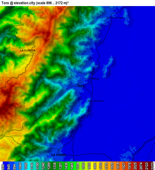 Zoom OUT 2x Toro, Colombia elevation map