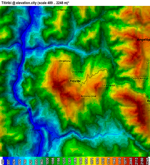 Zoom OUT 2x Titiribí, Colombia elevation map