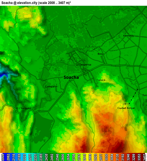 Zoom OUT 2x Soacha, Colombia elevation map
