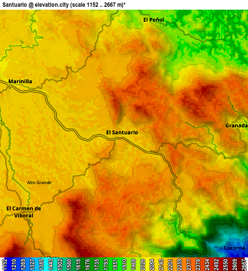 Zoom OUT 2x Santuario, Colombia elevation map